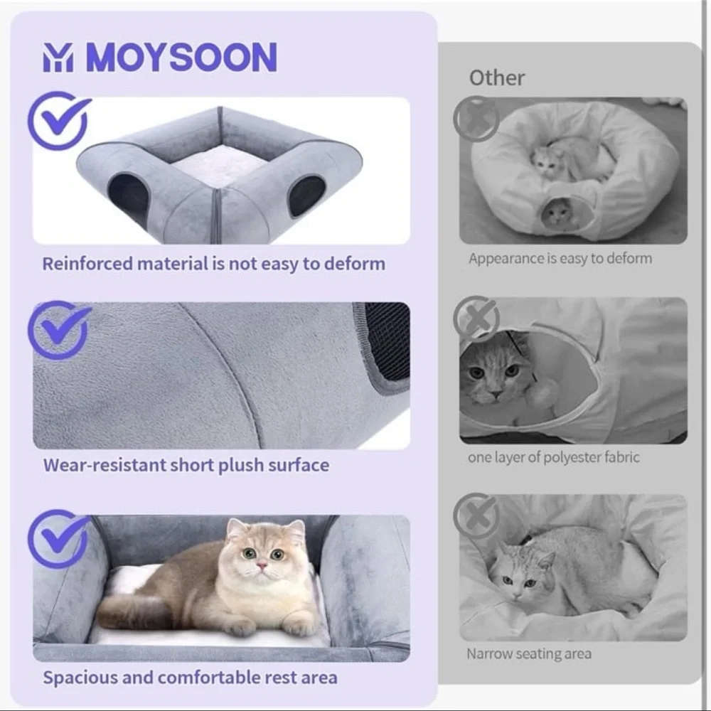Cat Tunnel Bed, Indoor Cat Cave, Removable Cat Tunnel with Removable Soft Pad